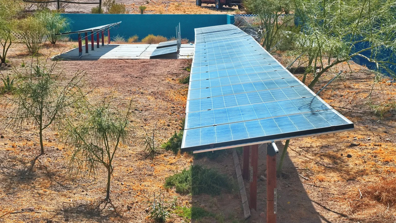 May 2026 Ramped up to 36 tiltable solar panels. 9 pairs on the east inverter and 9 pairs on the west inverter.