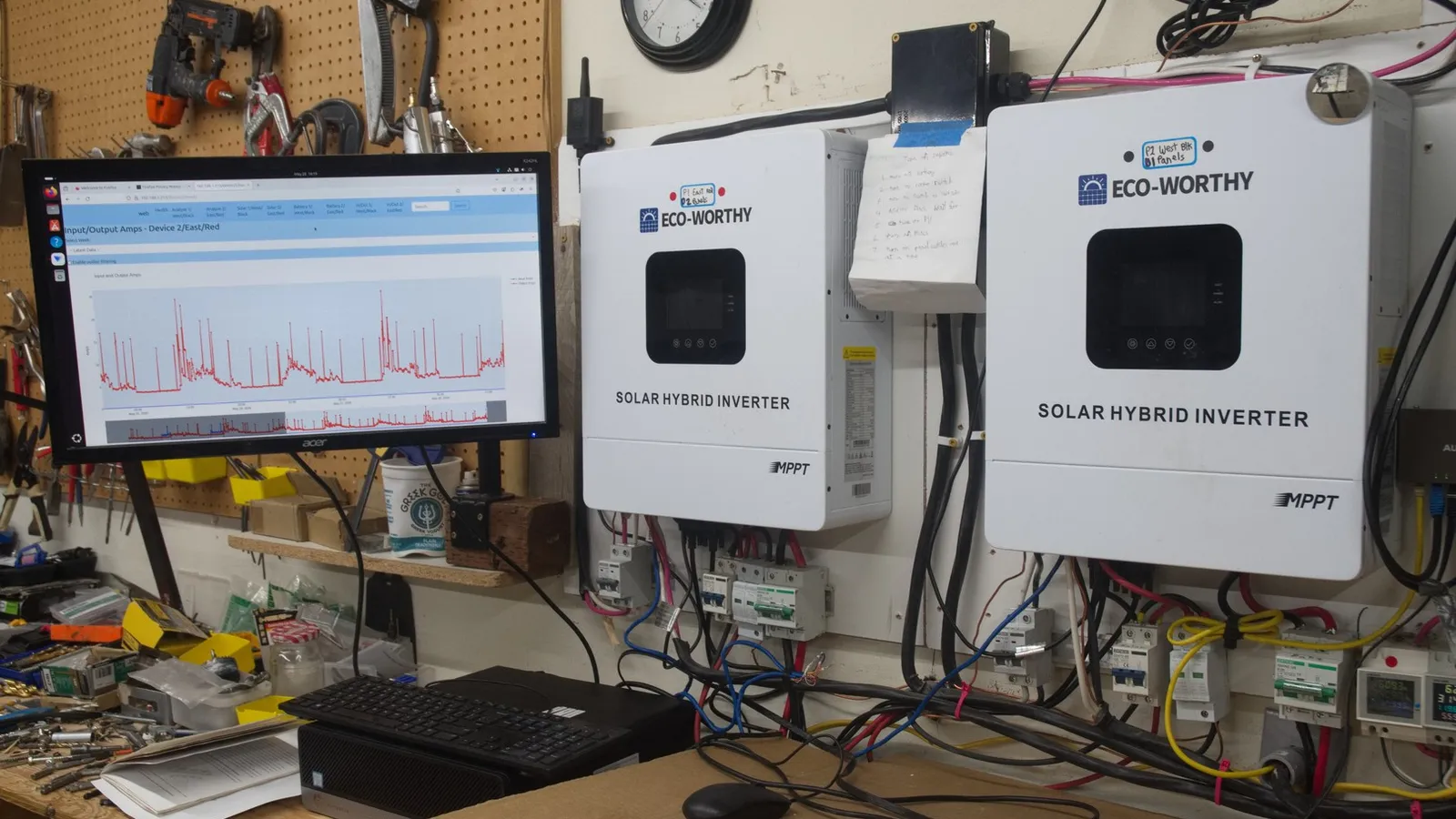 May 2026 Two 5000-watt inverters provide 2-phase power for most of the house.  For detailed analysis beyond the inverter's Wi-Fi the inverters are connected to a PC.  The PC queries the inverters every minute and stores and analyzes the data.