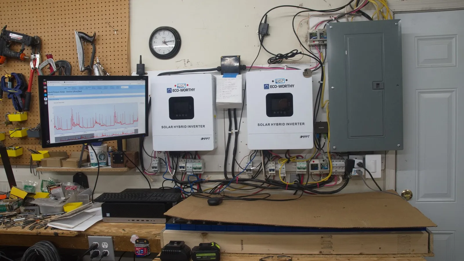 May 2026 Here's the PC monitor, the two inverters, panel for electrical distribution throughout the house, and 15Kwh LifePO4 battery pack.